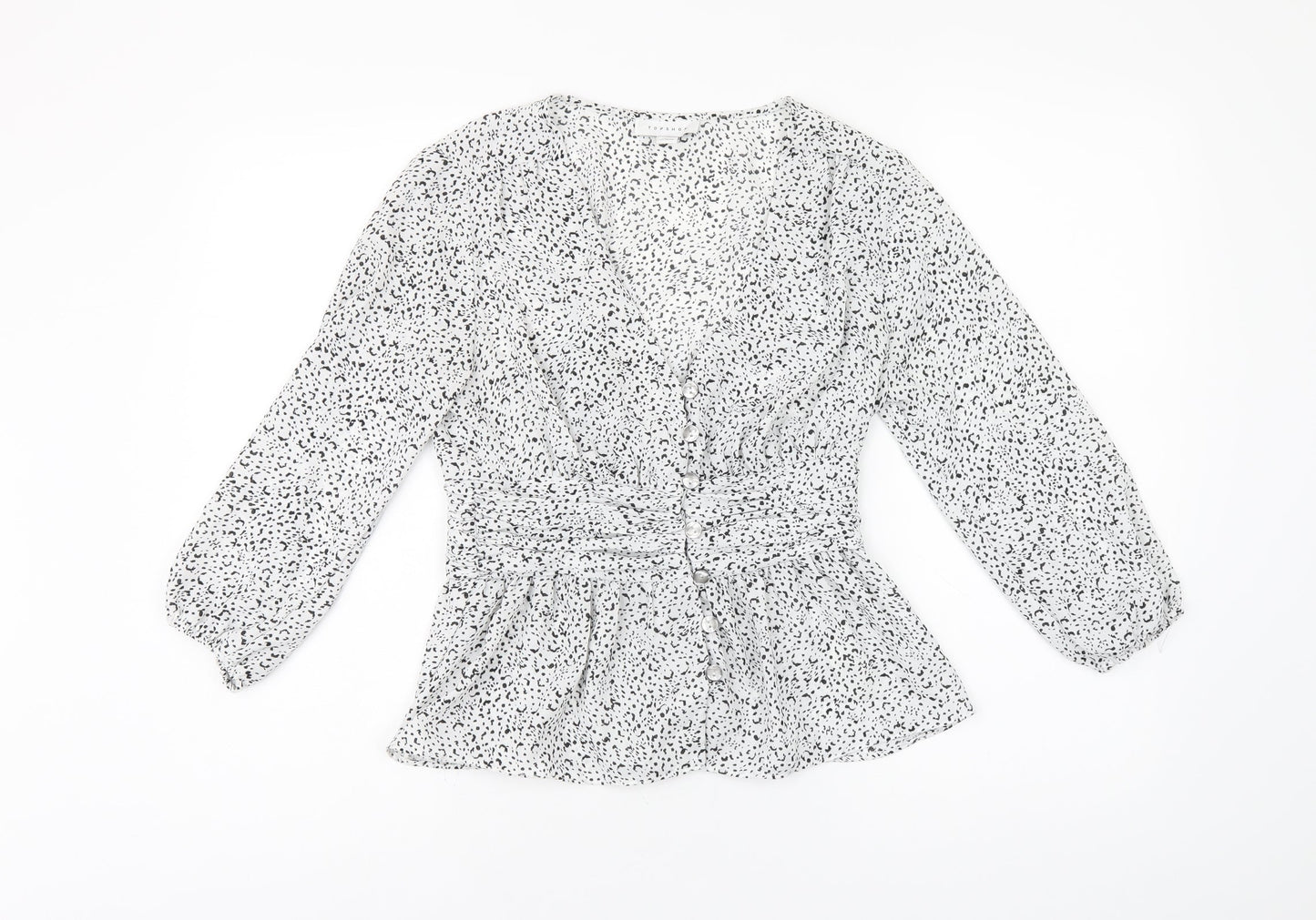 Topshop Womens White Geometric Polyester Basic Button-Up Size 8 V-Neck