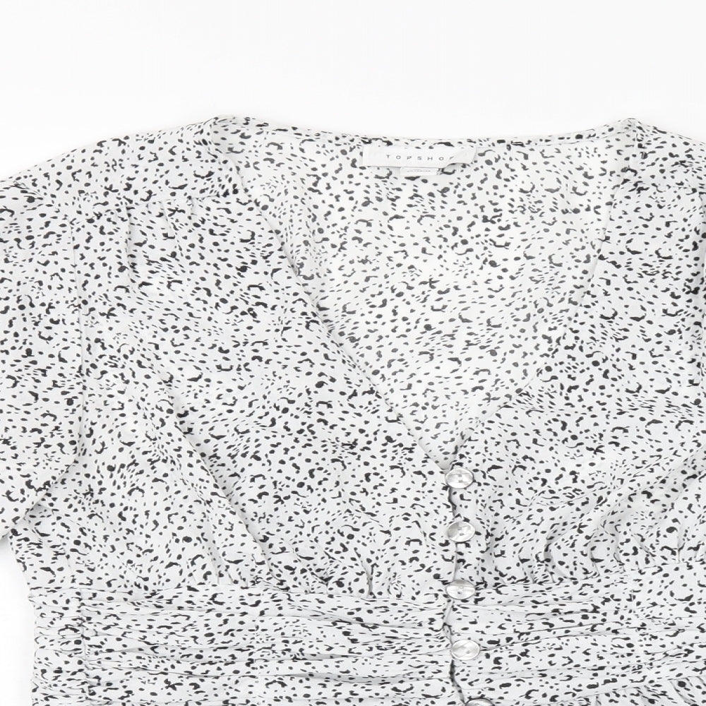 Topshop Womens White Geometric Polyester Basic Button-Up Size 8 V-Neck