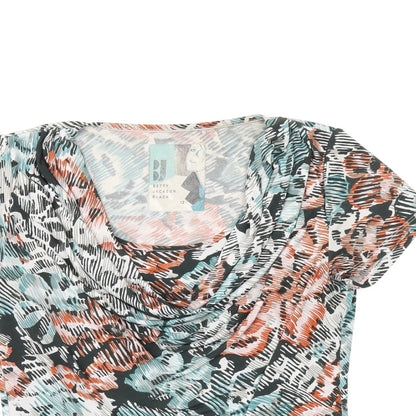 Close-up detail of Betty Jackson Black women’s multicoloured geometric polyester basic t-shirt, size UK 12, cowl neck