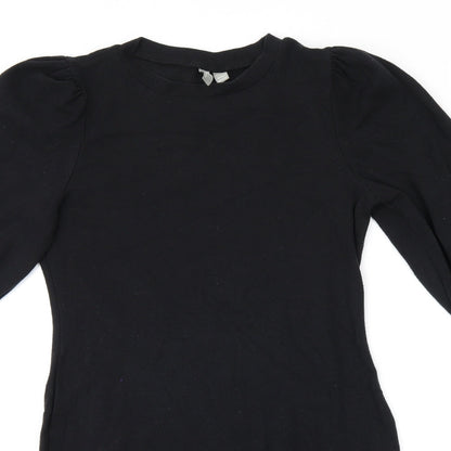 Close-up detail of ASOS women’s black polyester bodycon, size UK 8, round neck pullover