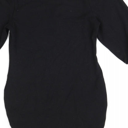 Brand and care label for ASOS women’s black polyester bodycon, size UK 8, round neck pullover