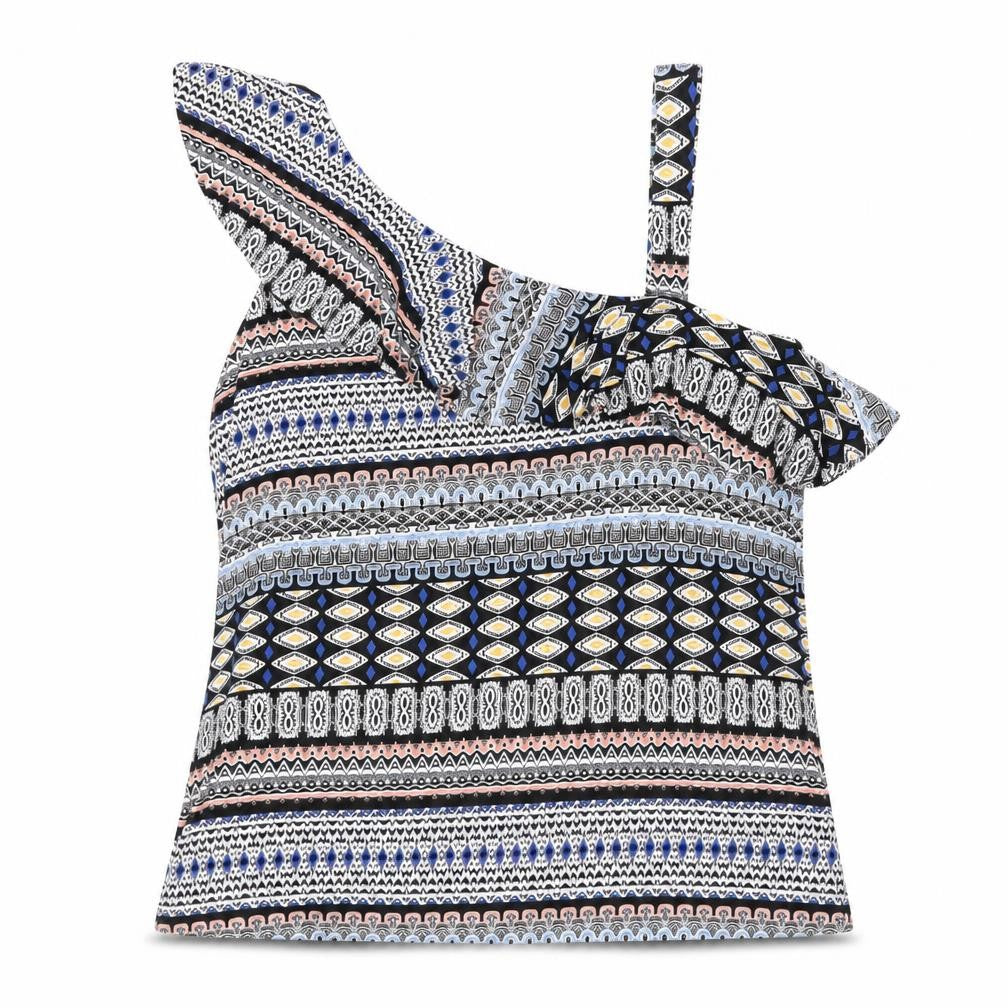 Oasis Womens Multicoloured Geometric Viscose Basic T-Shirt Size S One Shoulder - Frill Detail