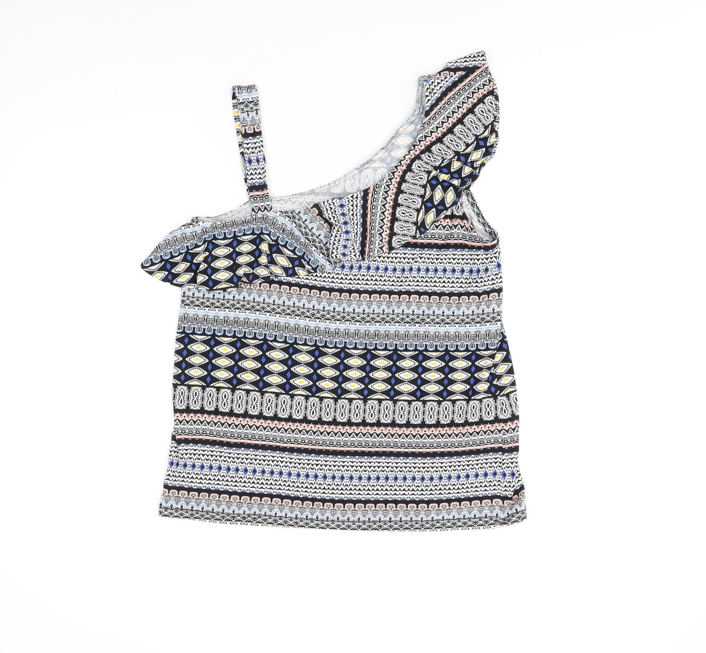 Oasis Womens Multicoloured Geometric Viscose Basic T-Shirt Size S One Shoulder - Frill Detail