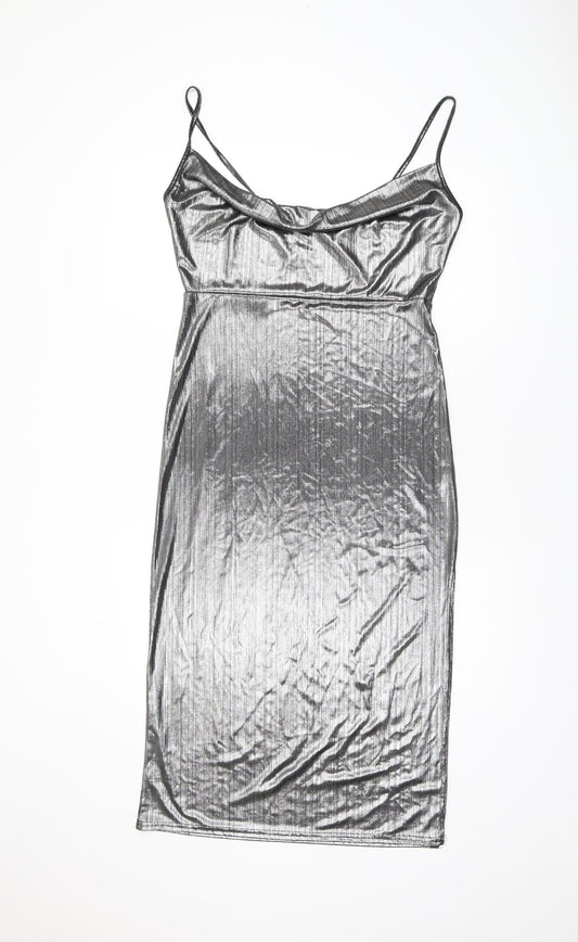 Nasty Gal Womens Silver Polyester Slip Dress Size 12 Cowl Neck Pullover - Split Hem