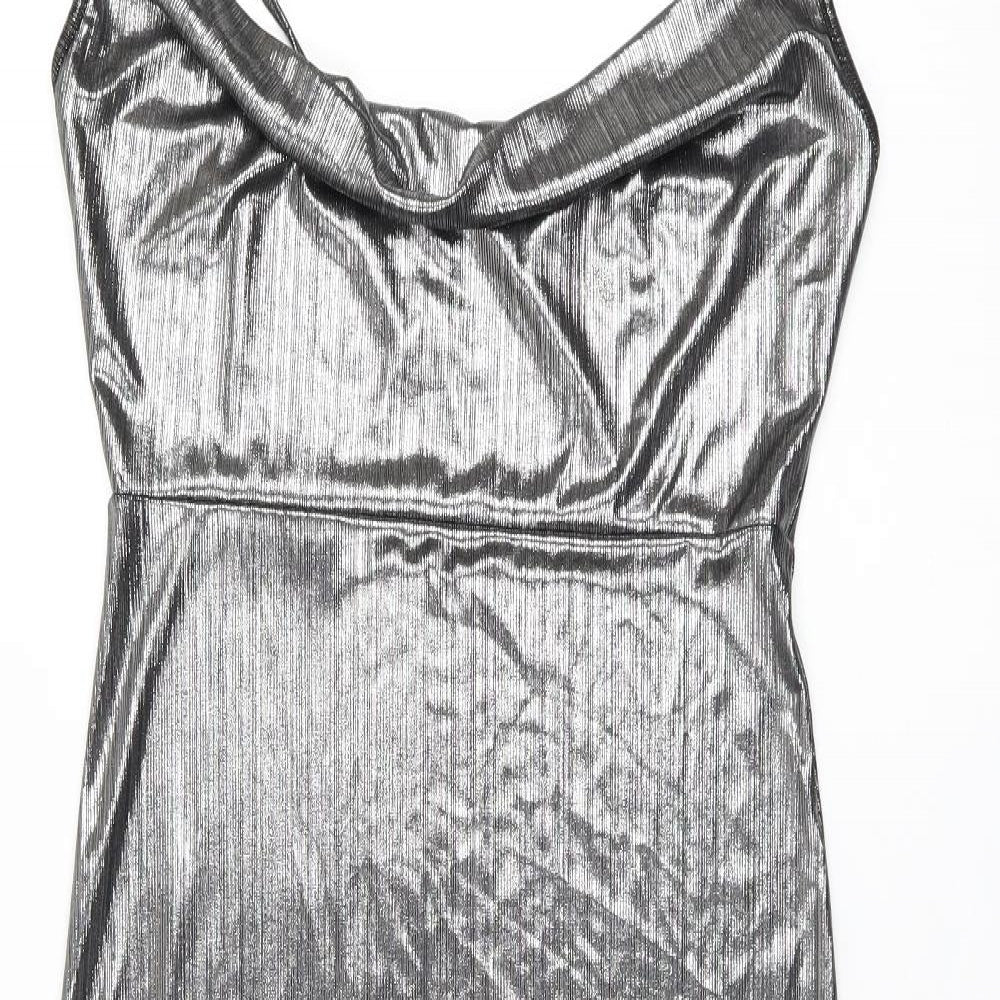 Nasty Gal Womens Silver Polyester Slip Dress Size 12 Cowl Neck Pullover - Split Hem
