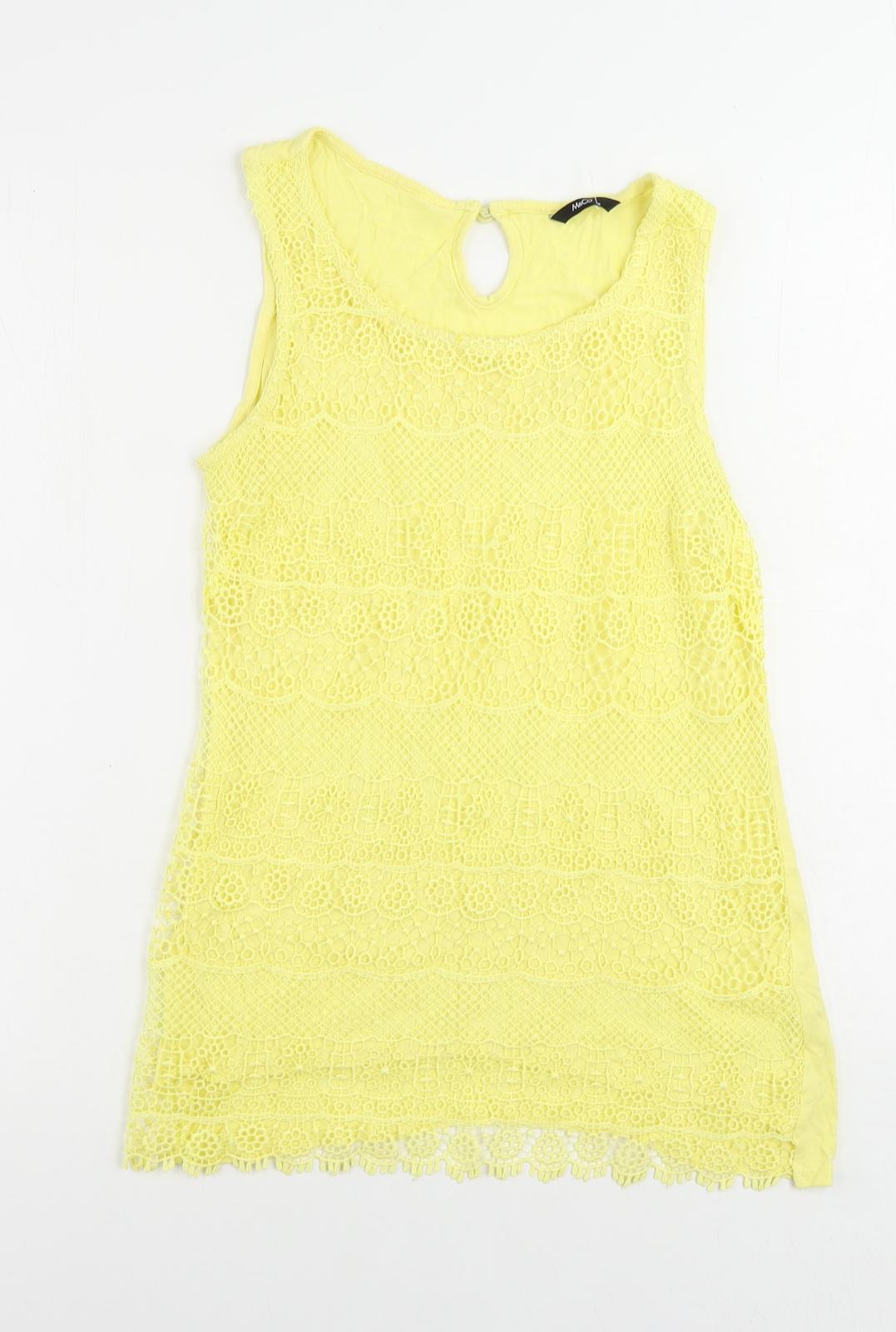 M&Co Womens Yellow Viscose Basic Tank Size 8 Boat Neck - Crochet Detail