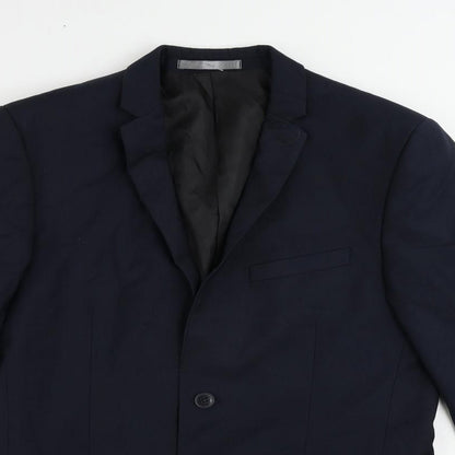 Close-up detail of Red Herring men’s blue polyester jacket suit jacket, size 38, regular