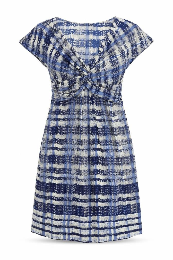 Max Studio Womens Blue Geometric Polyester A-Line Size L V-Neck Pullover