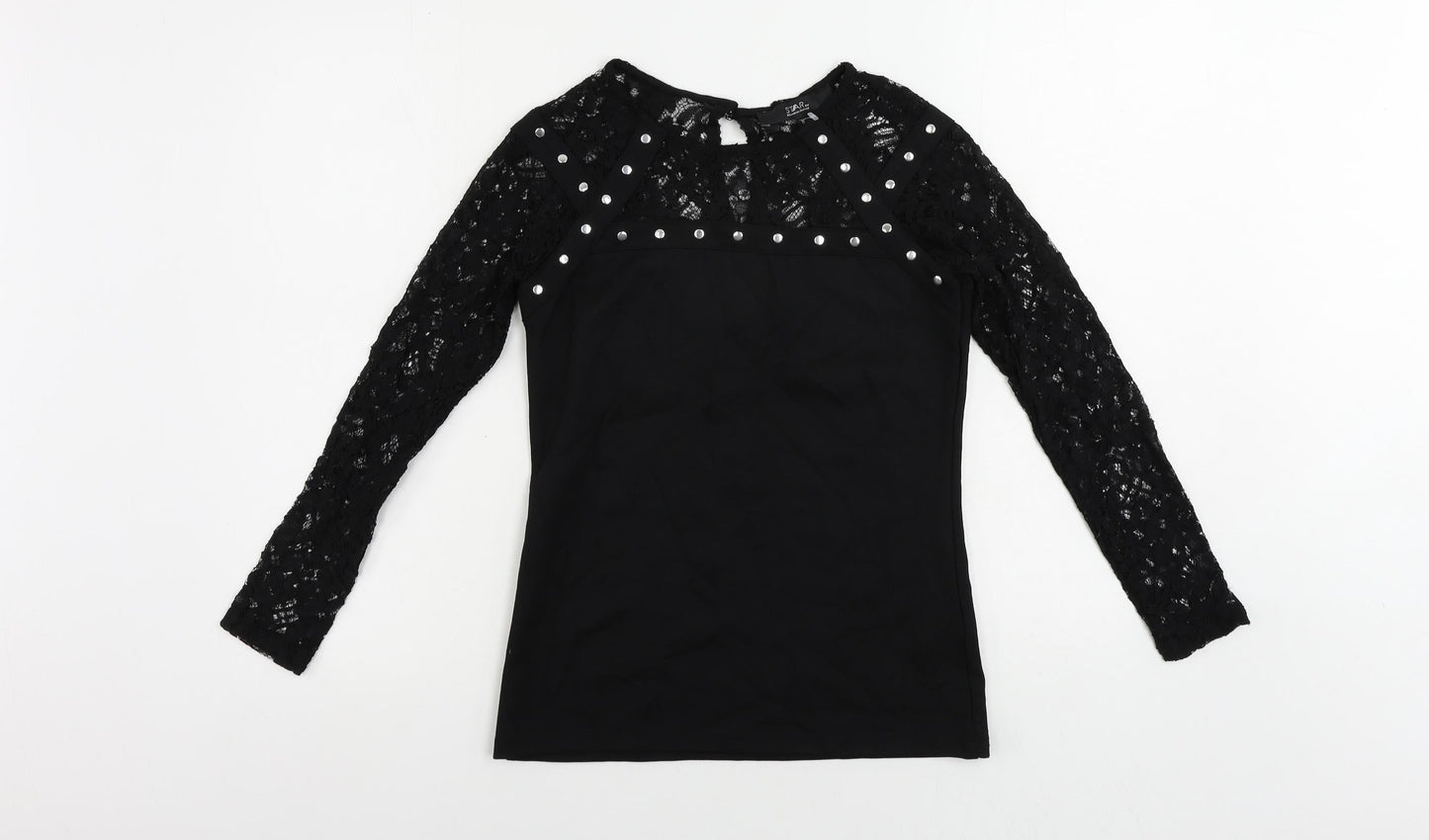 Julien Macdonald Womens Black Viscose Basic Blouse Size 8 Round Neck - Lace Sleeves