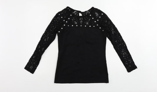 Julien Macdonald Womens Black Viscose Basic Blouse Size 8 Round Neck - Lace Sleeves