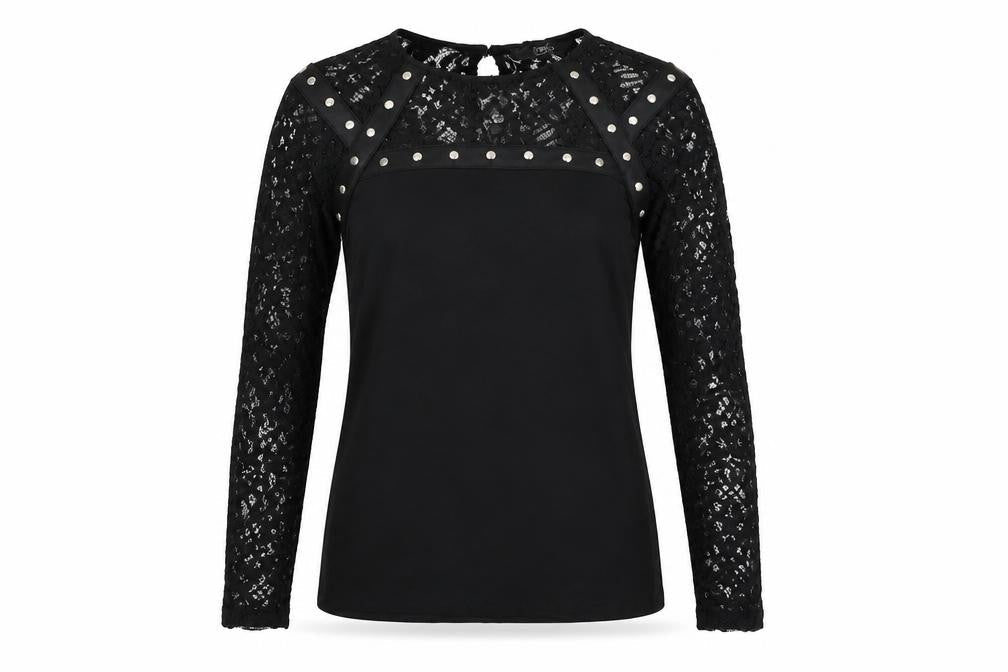 Julien Macdonald Womens Black Viscose Basic Blouse Size 8 Round Neck - Lace Sleeves