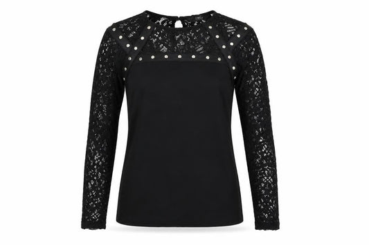 Julien Macdonald Womens Black Viscose Basic Blouse Size 8 Round Neck - Lace Sleeves
