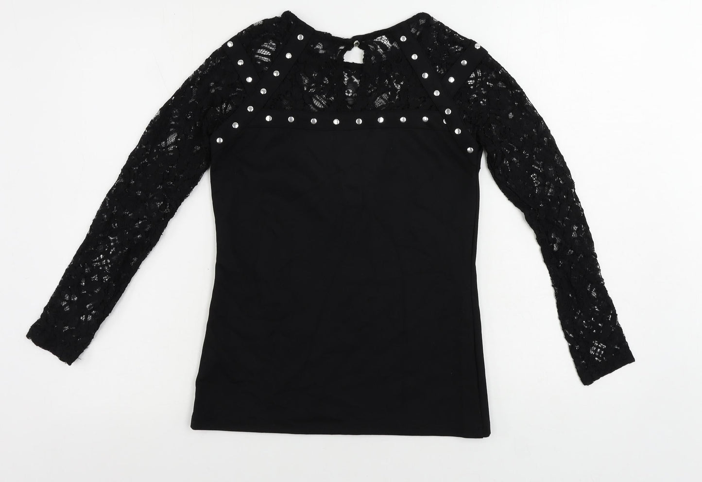 Julien Macdonald Womens Black Viscose Basic Blouse Size 8 Round Neck - Lace Sleeves
