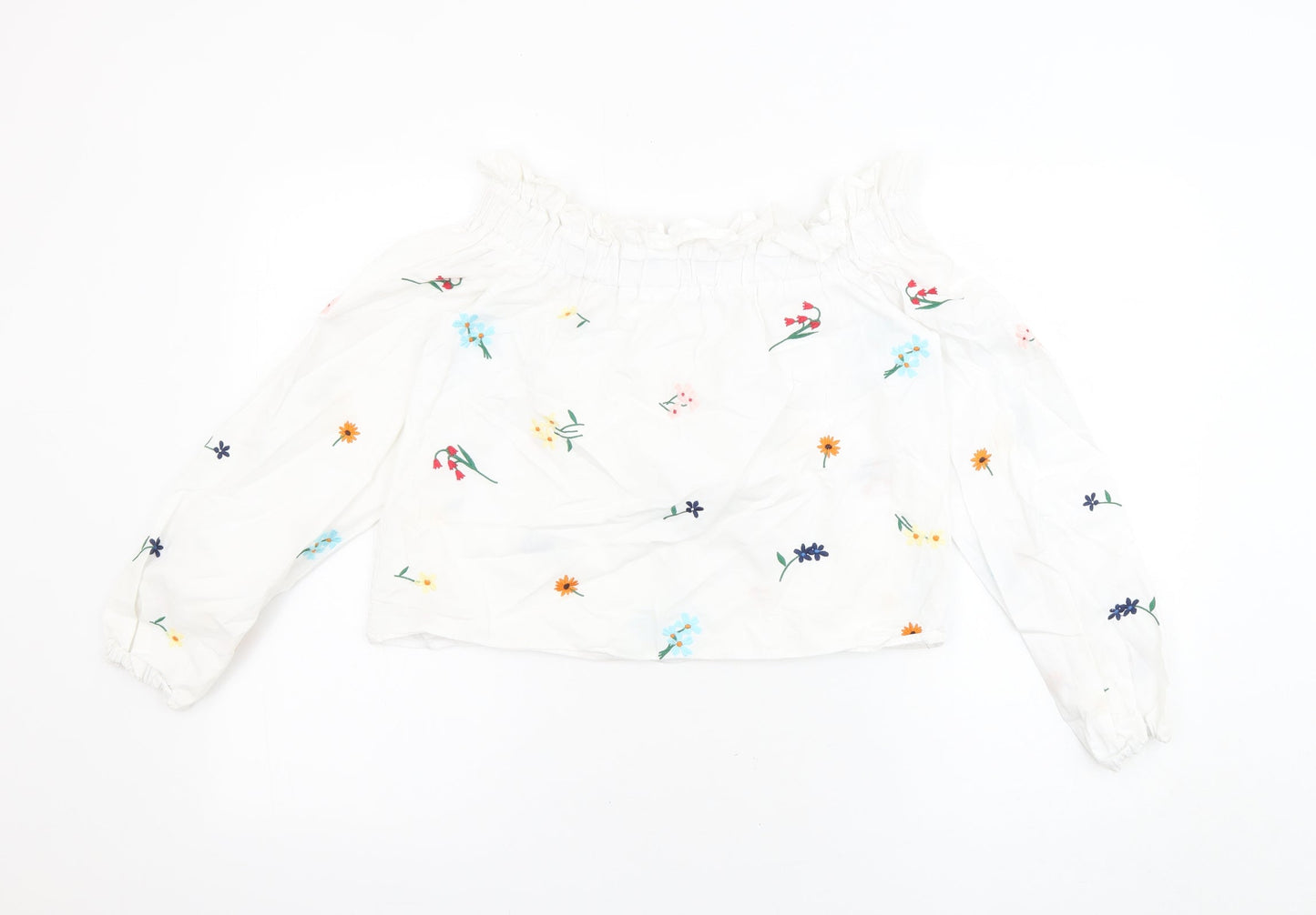Topshop Womens White Floral 100% Cotton Cropped Blouse Size 6 Off the Shoulder - Embroidered Flowers