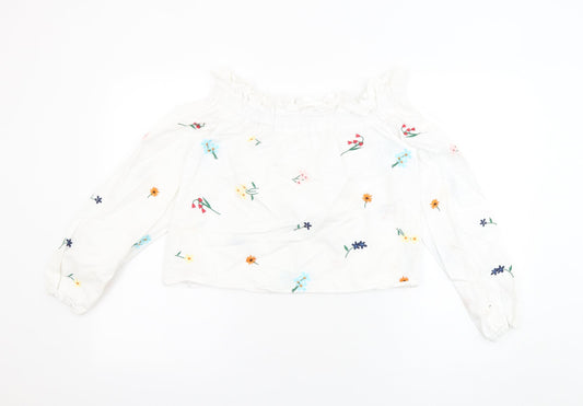 Topshop Womens White Floral 100% Cotton Cropped Blouse Size 6 Off the Shoulder - Embroidered Flowers