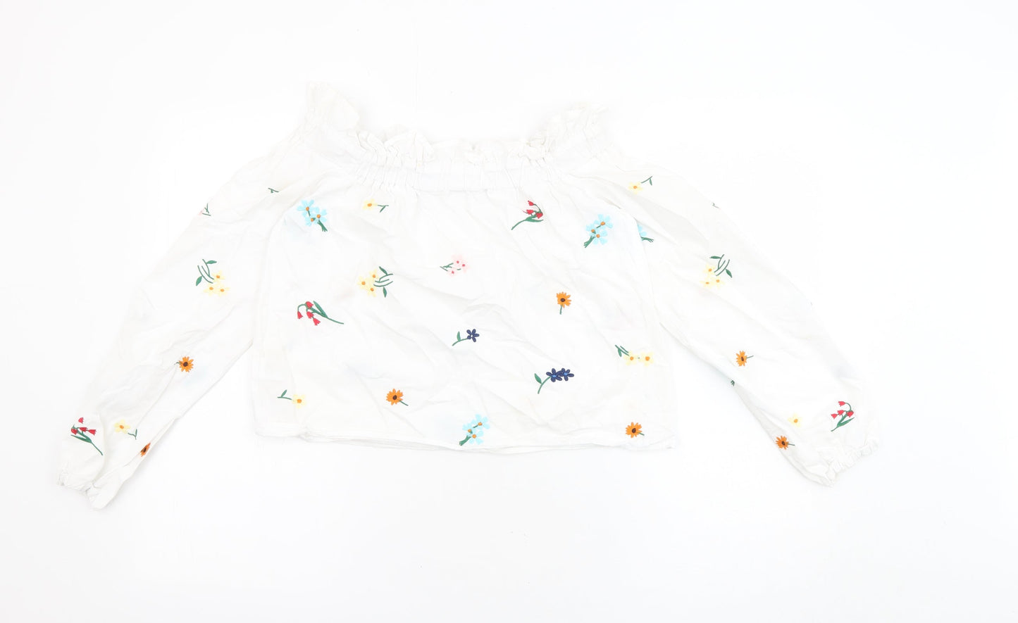 Topshop Womens White Floral 100% Cotton Cropped Blouse Size 6 Off the Shoulder - Embroidered Flowers