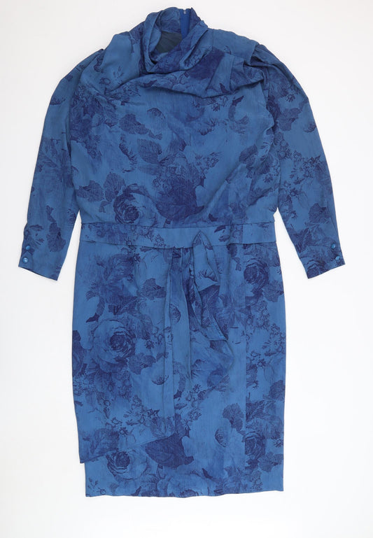 Von Gassler Womens Blue Floral Polyester A-Line Size 12 Cowl Neck Zip - Vintage