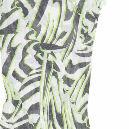 Close-up detail of AsYou women’s multicoloured geometric polyester mini, size UK 4, round neck pullover - sheer