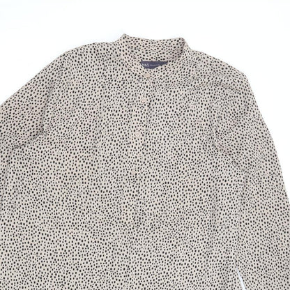 Marks & Spencer Womens Beige Geometric Polyester Basic Button-Up Size 14 V-Neck - Sheer