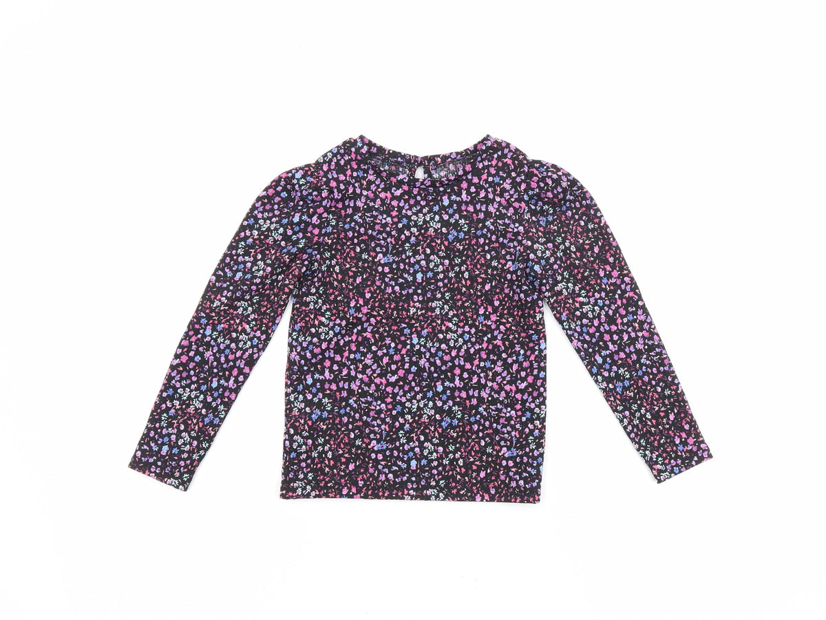 Additional front view of Dunnes girls’ black floral polyester basic blouse, size 4-5, years round neck button