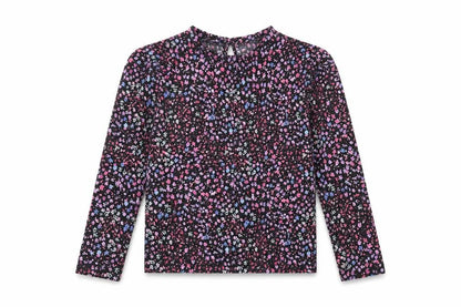 Front view of Dunnes girls’ black floral polyester basic blouse, size 4-5, years round neck button