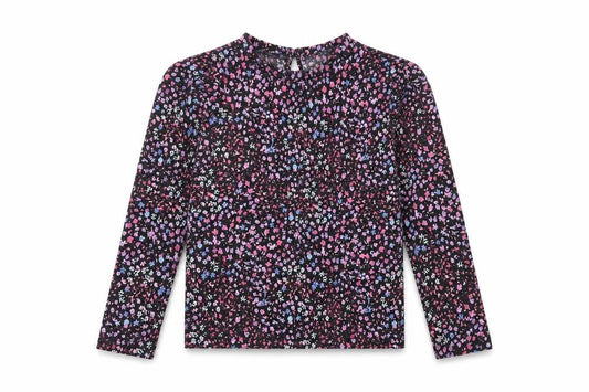 Front view of Dunnes girls’ black floral polyester basic blouse, size 4-5, years round neck button