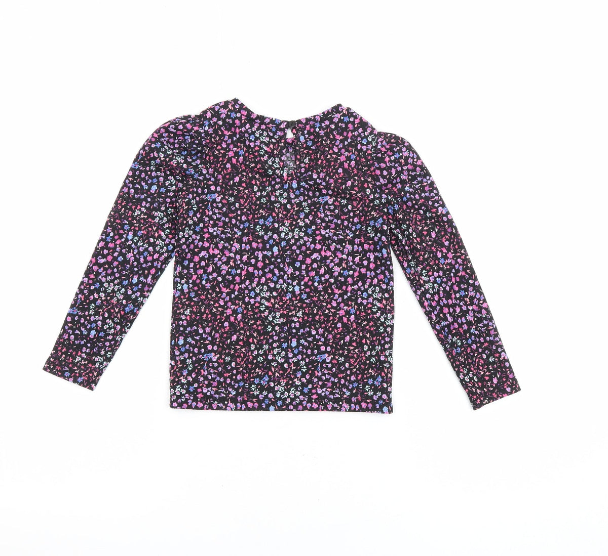 Back view of Dunnes girls’ black floral polyester basic blouse, size 4-5, years round neck button