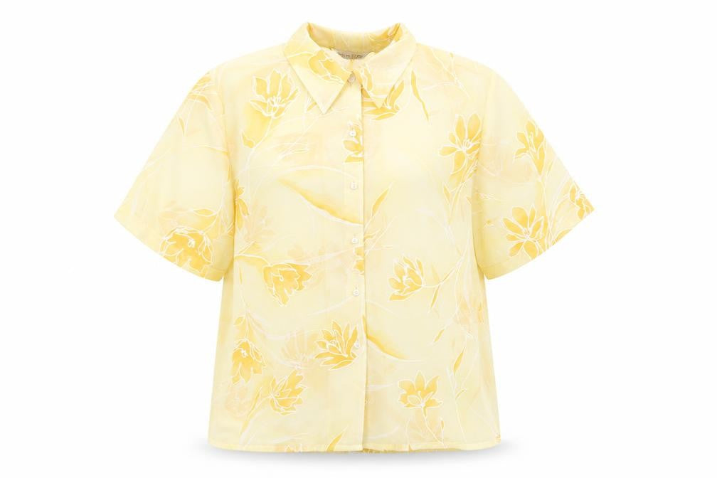 Angelo Vincits Womens Yellow Floral Polyester Basic Button-Up Size 18 Collared - Sheer