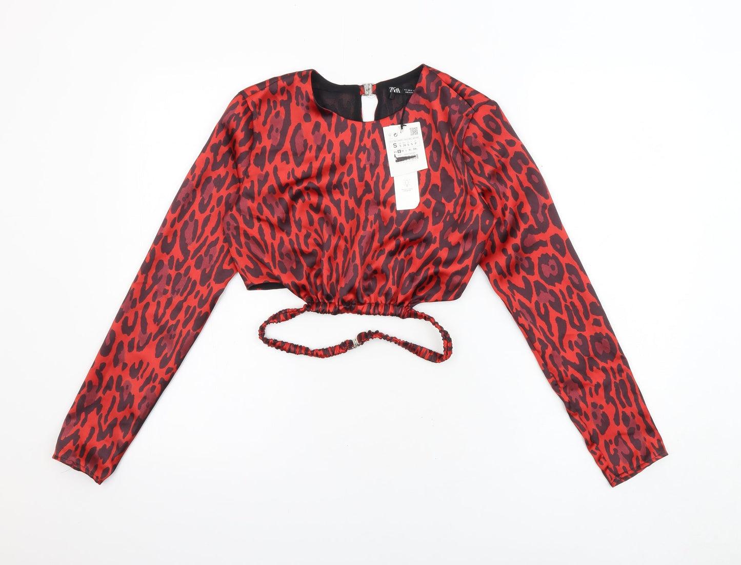 Zara Womens Red Animal Print Polyester Cropped Blouse Size S Round Neck - Leopard Print Open Back