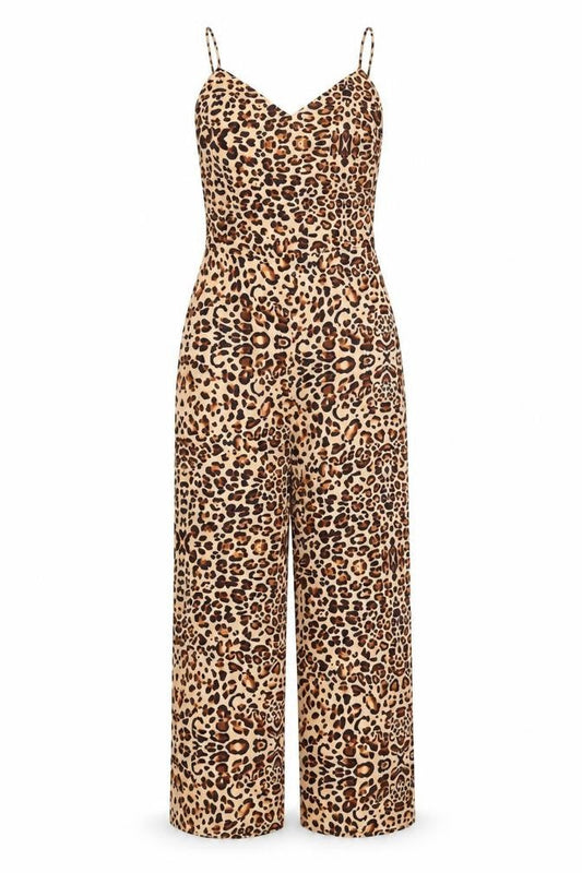 Topshop Womens Beige Animal Print Viscose Jumpsuit One-Piece Size 8 L21 in Zip - Leopard Print