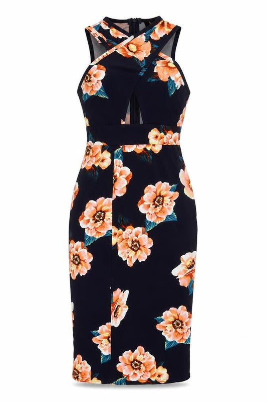 AX Paris Womens Blue Floral Polyester Shift Size 10 Crew Neck Zip - Cut Out Slit