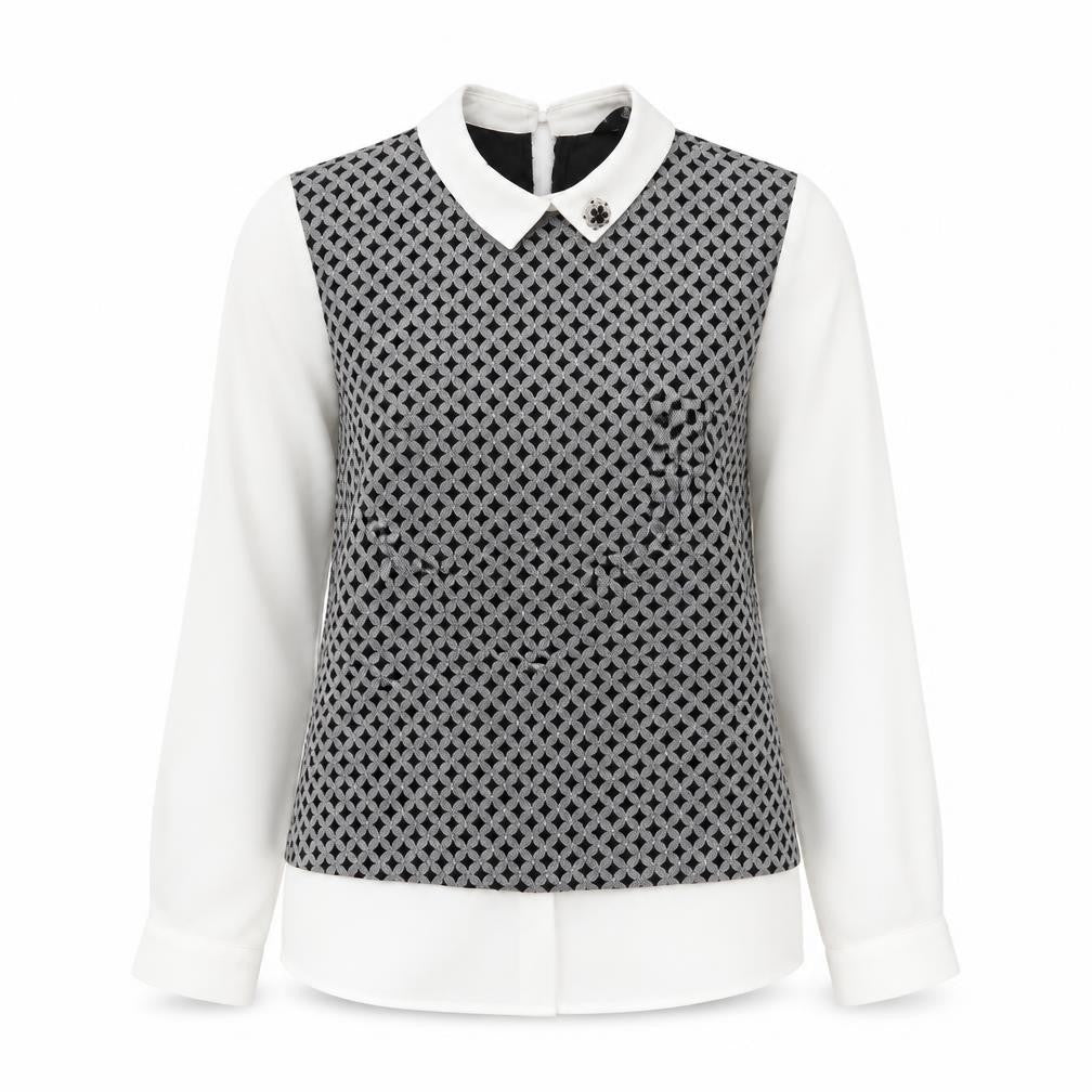 Sister Jane Womens Black Geometric Polyester Basic Blouse Size S Collared