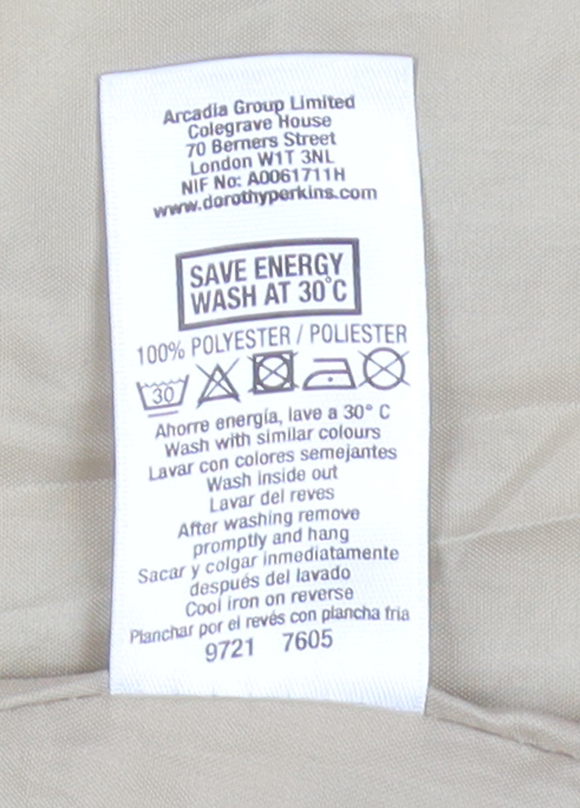Brand and care label for Dorothy Perkins Women Beige Quilted Jacket, size 8