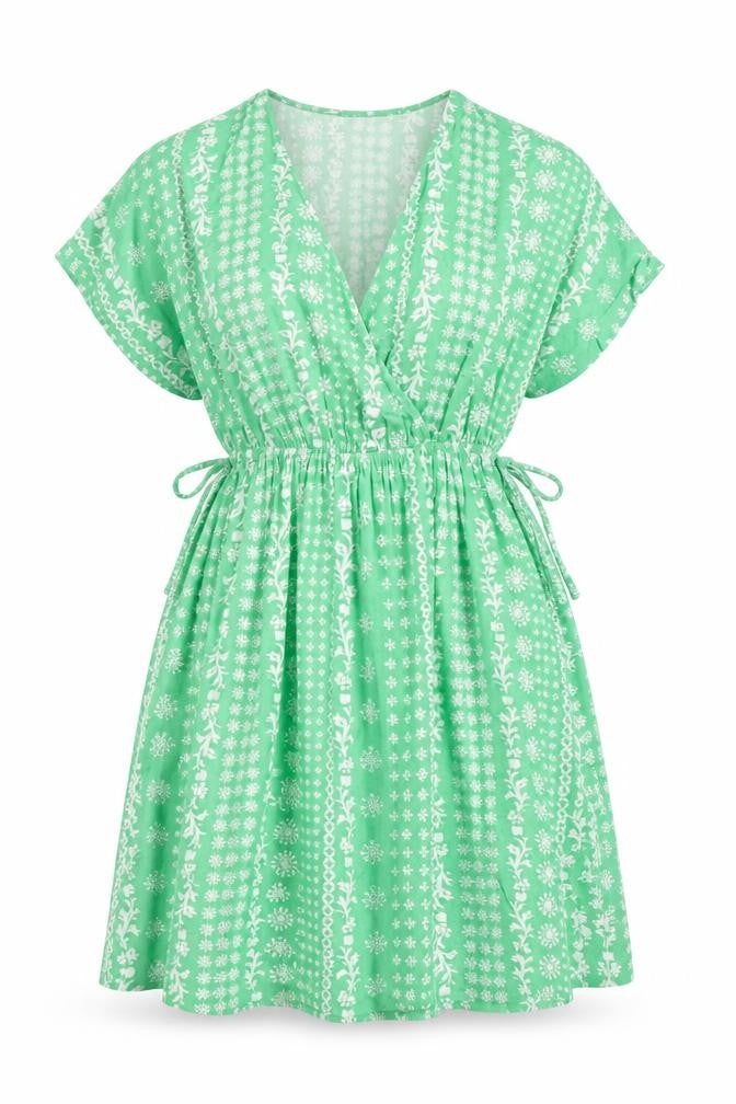 Marks & Spencer Womens Green Floral Viscose Fit & Flare Size 8 V-Neck - Elasticated Waist