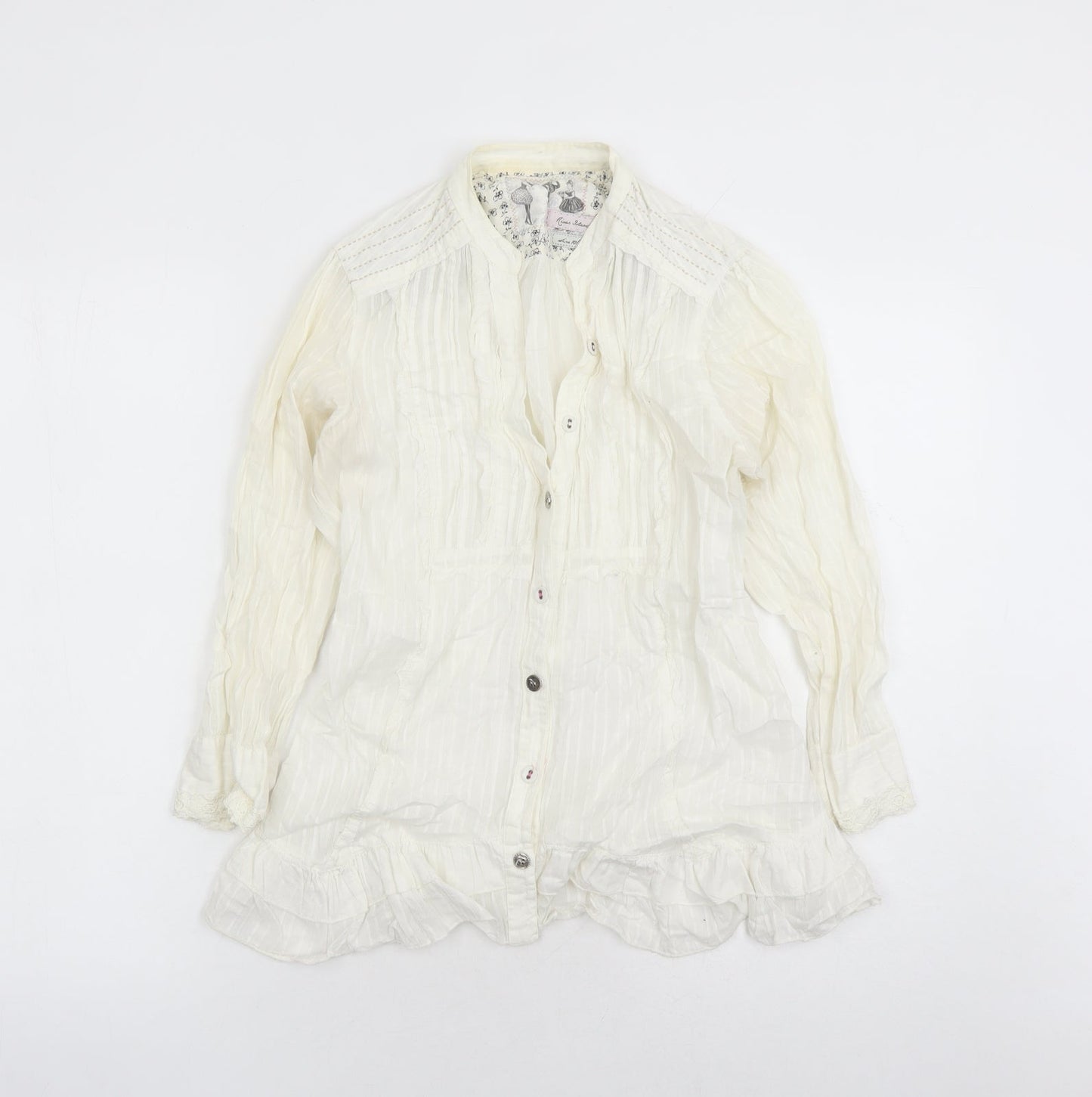 River Island Womens Ivory Striped 100% Cotton Basic Button-Up Size 10 V-Neck - Lace Detail