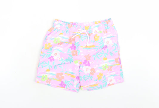 Marks and Spencer Boys Purple Floral Polyester Sweat Shorts Size 7-8 Years Regular Drawstring - Elasticated Waist Swim Shorts