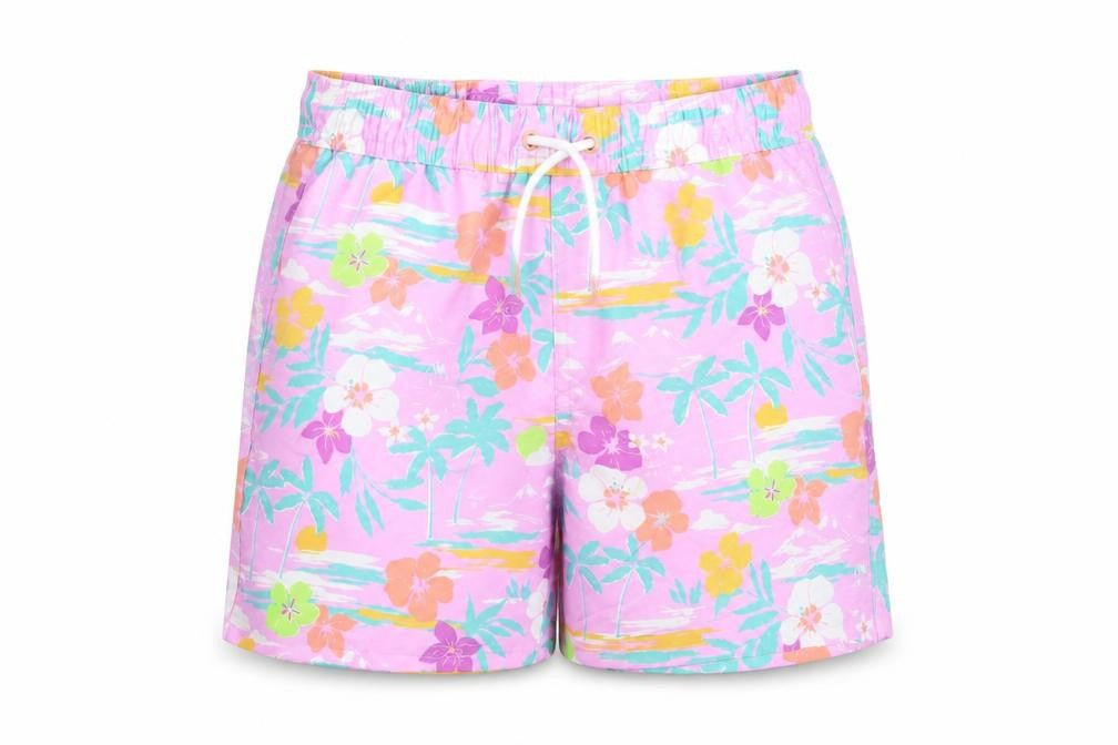 Marks & Spencer Boys Purple Floral Polyester Sweat Shorts Size 7-8 Years Regular Drawstring - Elasticated Waist Swim Shorts