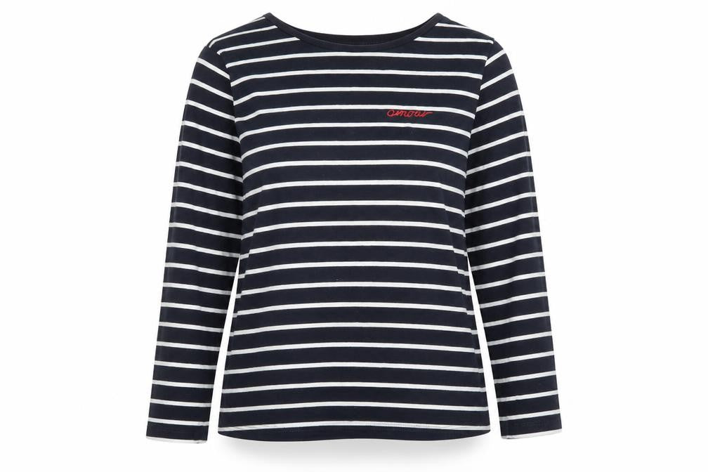 French Connection Womens Blue Striped Cotton Basic T-Shirt Size S Round Neck - Amour