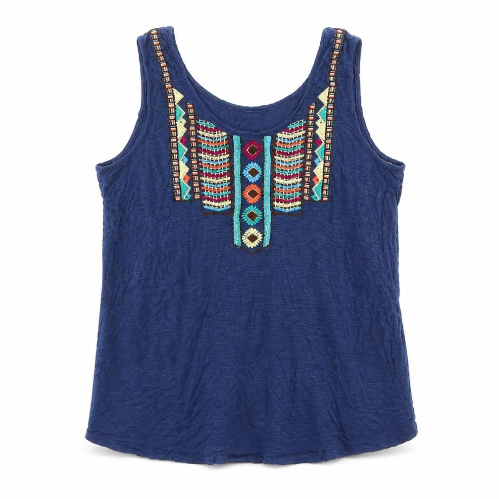 Cable & Gauge Womens Blue Viscose Basic Tank Size XL Round Neck - Embroidered Detail