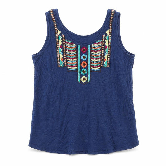 Cable & Gauge Womens Blue Viscose Basic Tank Size XL Round Neck - Embroidered Detail