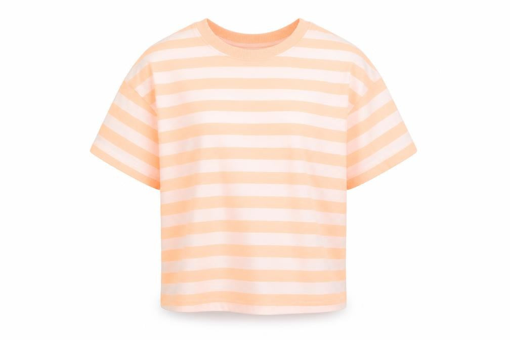 Marks & Spencer Girls Orange Striped Cotton Basic T-Shirt Size 7-8 Years Crew Neck Pullover