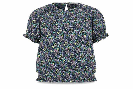 Front view of Marks & Spencer girls’ black floral viscose basic blouse, size 12-13, years round neck button
