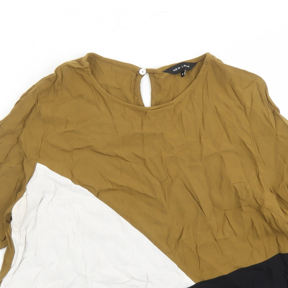 New Look Womens Brown Colourblock Viscose Basic Blouse Size 16 Round Neck