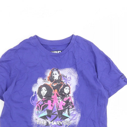 Close-up detail of Marks & Spencer girls’ purple cotton basic t-shirt, size 10-11, years crew neck pullover - marvel