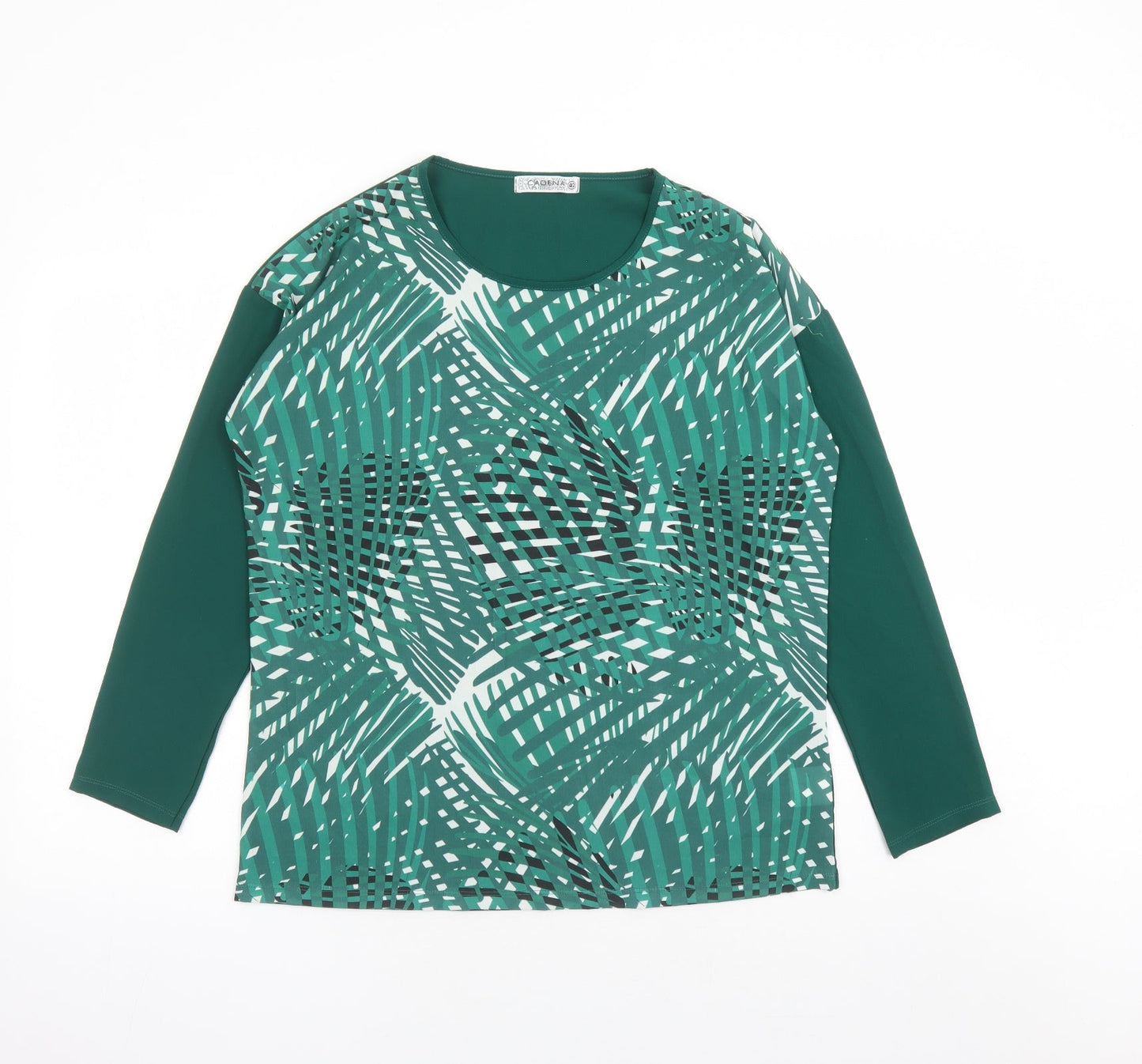 Cadena Womens Green Geometric Polyester Basic Blouse Size 14 Round Neck