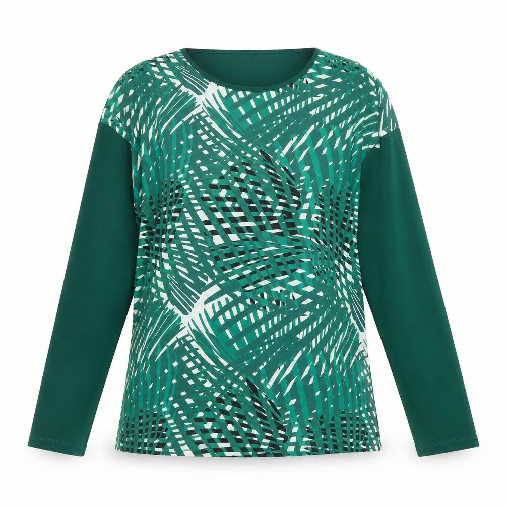 Cadena Womens Green Geometric Polyester Basic Blouse Size 14 Round Neck