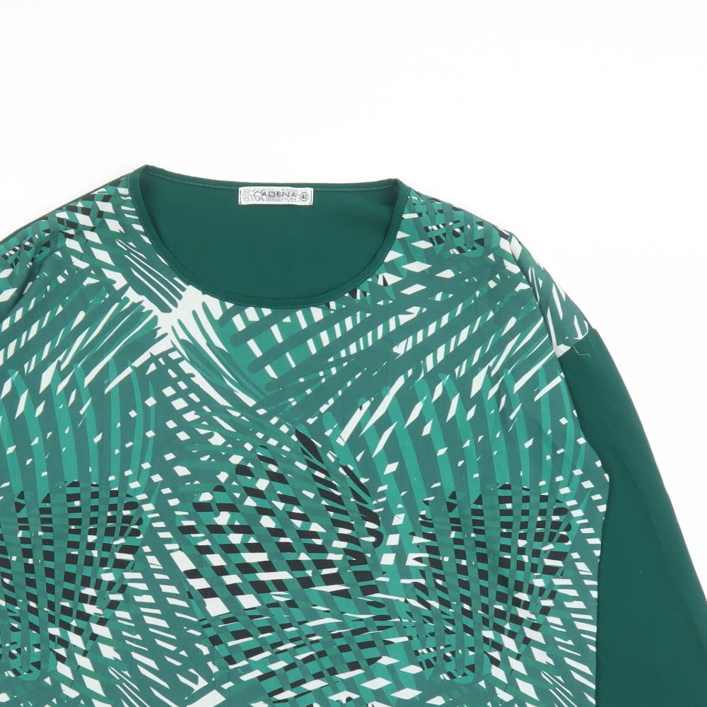 Cadena Womens Green Geometric Polyester Basic Blouse Size 14 Round Neck
