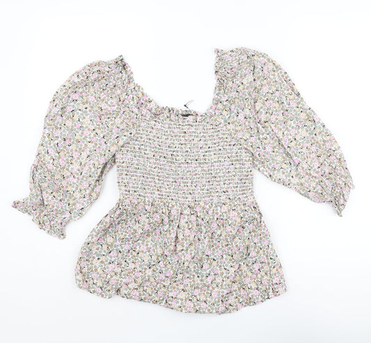 Marks and Spencer Womens Multicoloured Floral Cotton Basic Blouse Size 6 Scoop Neck - Rouched