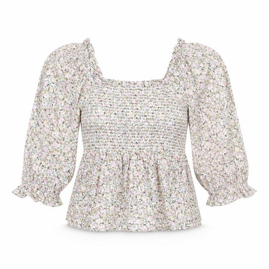 Marks and Spencer Womens Multicoloured Floral Cotton Basic Blouse Size 6 Scoop Neck - Rouched