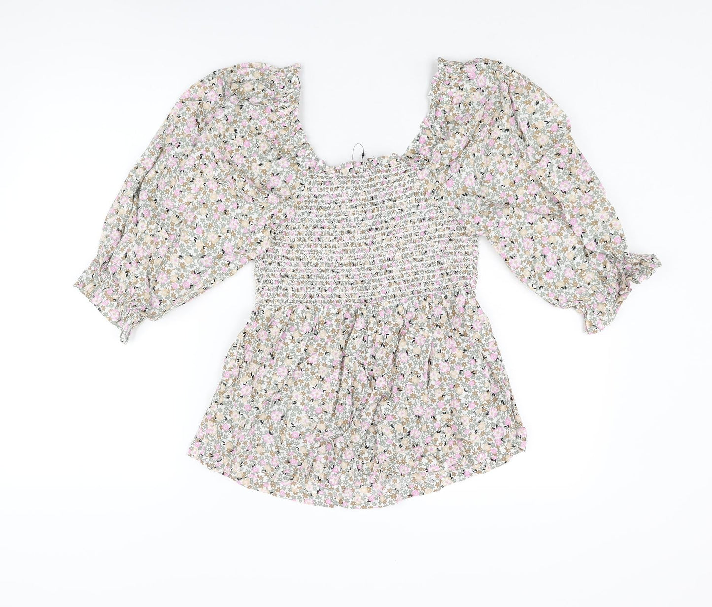 Marks and Spencer Womens Multicoloured Floral Cotton Basic Blouse Size 6 Scoop Neck - Rouched